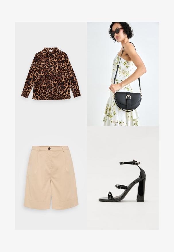 Leopardo rašto marškiniai su mygtukų užsegimu, ilgomis rankovėmis, dviem krūtinės kišenėmis ir apykakle. Pagaminti iš minkštos medžiagos su šiltu spalvų palete.; Beige medvilniniai šortai su pritaikytu dizainu, turintys sagos uždarymą, priekinėmis klostėmis ir pasukta apatine dalimi, suteikiančia papildomą detalumą ir struktūrą.; Juodos patentuotos aukštakulnės basutės su dviem sagtelėmis, kvadratine nosimi ir stambiu blokiniu kulnu, pasižyminčios lygiu, blizgiu paviršiumi.; Juodas odinis krepšys su išlenkta forma, nuimamu dirželiu ir auksiniais detalėmis. Krepšys turi kilpą su sagtimi.