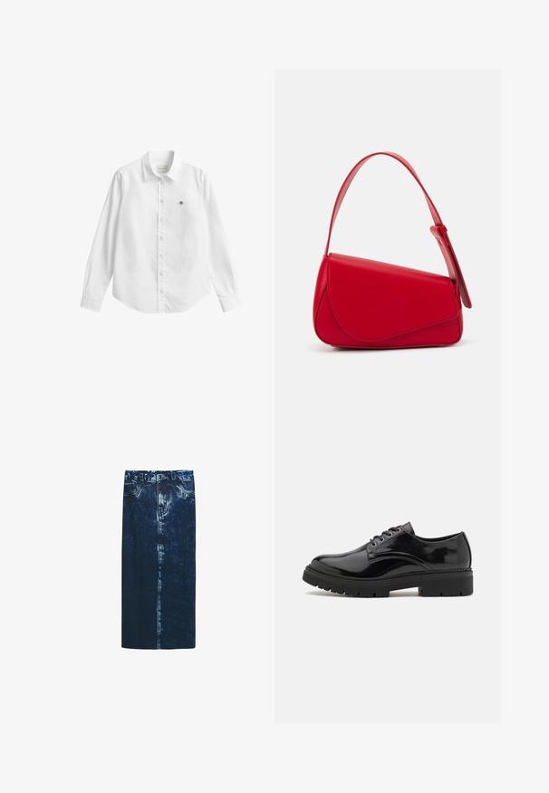 Wit overhemd met lange mouwen en knoopsluiting, gemaakt van stof met een lichte textuur. Voorzien van een borstzak met een klein geborduurd logo en een klassieke kraag.; Donkerblauwe jeansrok in een rechte vorm, met een vervaagde textuur en een sluiting met knopen aan de voorkant. Bevat riemlussen en heeft een kuitlange lengte.; Zwarte lakleren schoenen met een ronde neus, een gestructureerde rubberen zool en zes metalen oogjes voor veters, met een gladde afwerking.; Rode leren handtas met een hoekig, geometrisch ontwerp. Beschikt over een enkele verstelbare schouderriem en een klepclosure met gestikte details.