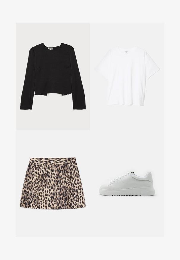 Sort langærmet top med rund halsudskæring, struktureret stof, cropped kant og subtile syninger, med sidelommer for ekstra detalje.; Hvid bomulds-t-shirt med korte ærmer, rund halsudskæring, afslappet pasform og stitched søm. Mærket er synligt indeni halsen.; Denim nederdel med leopardmønster, der har høj talje, frontlukning med knapper og to sidelommer med snøre detaljer.; Hvide sneakers med en struktureraad læderoverdel, rund tå og snørebåndsdesign. Tykk hvid gummisål med struktureret grebsmønster.