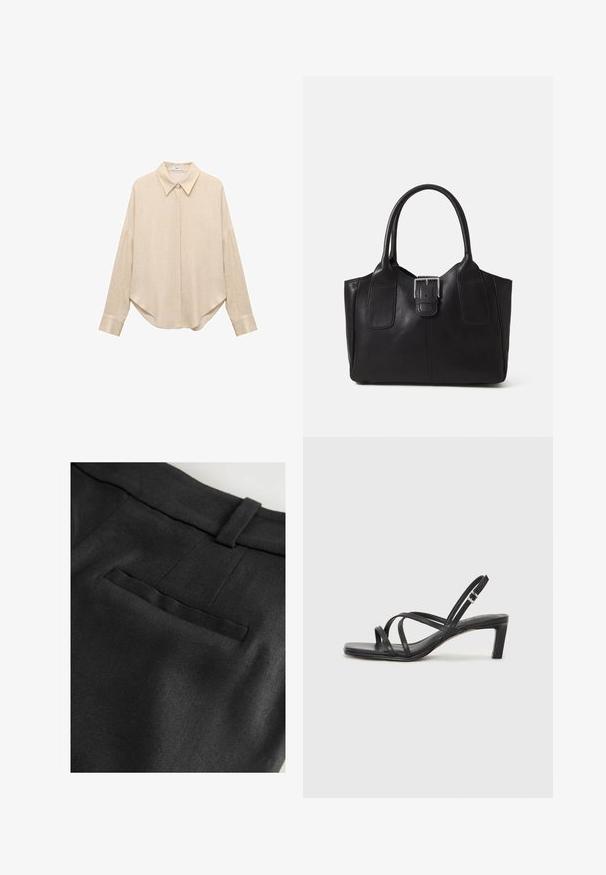 Beige langærmet skjorte med spidse krave, løs pasform og afrundet kant. Lavet af et let, tekstureret stof. Knaplukning foran og ved håndleddene.; Next RICH TAILORED JORT - Shorts - black; Sort remsandale med firkantet tå og en lav blokeret hæl. Har flere tynde stropper og en justerbar ankelrem. Fremstillet af glat læder.; Sort læder tote taske med glat tekstur, struktureret form, to håndtag og en fremtrædende sølvspænde detalje på forsiden.