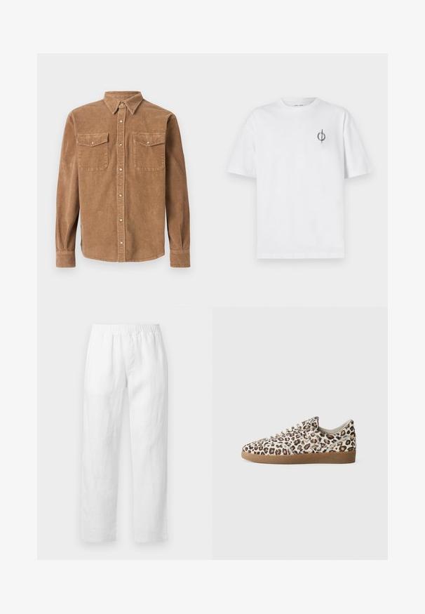 Chemise en velours côtelé marron avec un col boutonné, deux poches poitrine et une surface texturée. Elle se ferme par des boutons et possède des manches longues.; T-shirt en coton blanc avec une coupe décontractée, présentant un petit logo graphique noir sur le côté gauche de la poitrine. Manches courtes, col rond.; Pantalon en lin blanc doté d'une taille élastique, d'une coupe droite et d'une texture douce, sans motifs ni détails d'ornement visibles.; Baskets à imprimé léopard avec un dessus en fourrure texturée, bout rond, lacets blancs et semelle en caoutchouc brun. Présente un design classique bas.