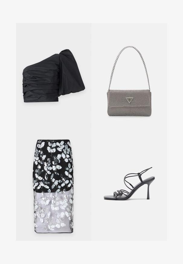 Čierny top na jedno rameno so zhlukovanou tkaninou, ktorý má štruktúrovaný dizajn a textúrovaný povrch. Mäkký, ľahký materiál s hladkým vzhľadom.; Cras SKIRT - Puzdrová sukňa - black; Čierne sandále na vysokom podpätku majú tenké remienky s uzlovým dizajnom, hladký štvorcový špičku a elegantný stiletto podpätok.; Svetlošedá metalická kabelka s reťazovým popruhom, ozdobená malými kruhovými kovovými štítkami a trojuholníkovým logom značky.