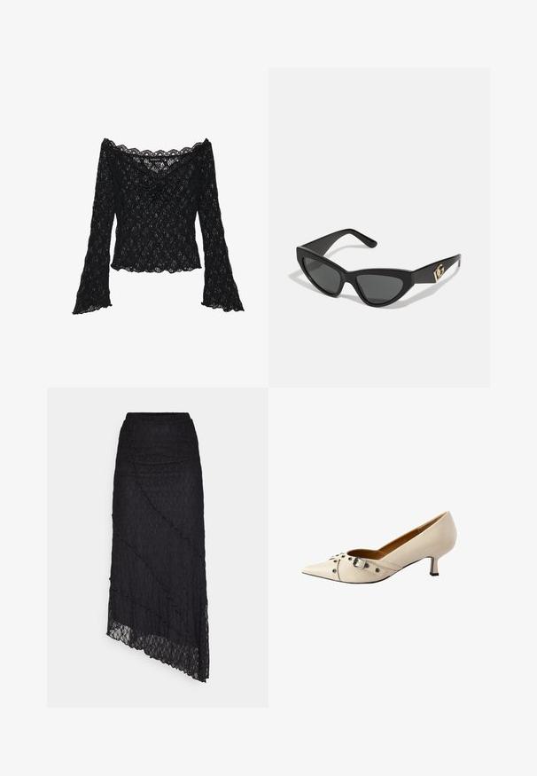 Zwarte kanten top met een off-the-shoulder halslijn, lange klokmouwen en gekartelde randen. Geweven bloemenpatroon overal.; ONLY ONLKIM LACE SKIRT - Maxirok - black; Beige leren pump met een spitse neus, voorzien van een decoratieve band met een gesp en zilveren studs, en een kleine hak.; Cat-eye zonnebrillen met een matte zwart plastic frame, donkere lenzen en een gouden logo-accent op de poot. Hoekig ontwerp en een soepele textuur.