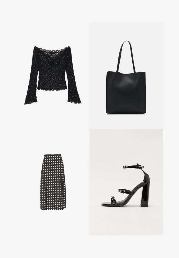 Zwarte kanten top met een off-the-shoulder halslijn, lange klokmouwen en gekartelde randen. Geweven bloemenpatroon overal.; Zwarte midi-rok met witte stippen, gemaakt van een gladde stof. Heeft een aangesloten taille en een lichte zijsplit voor gemakkelijke beweging.; Zwarte patent lederen sandalen met hoge hakken, twee gespenbanden, een vierkante neus en een stevige blokhak, met een gladde, glanzende textuur.; Zwarte leren handtas met een gladde textuur, rechthoekige vorm en twee lange handvaten. Geen zichtbare hardware of versieringen.