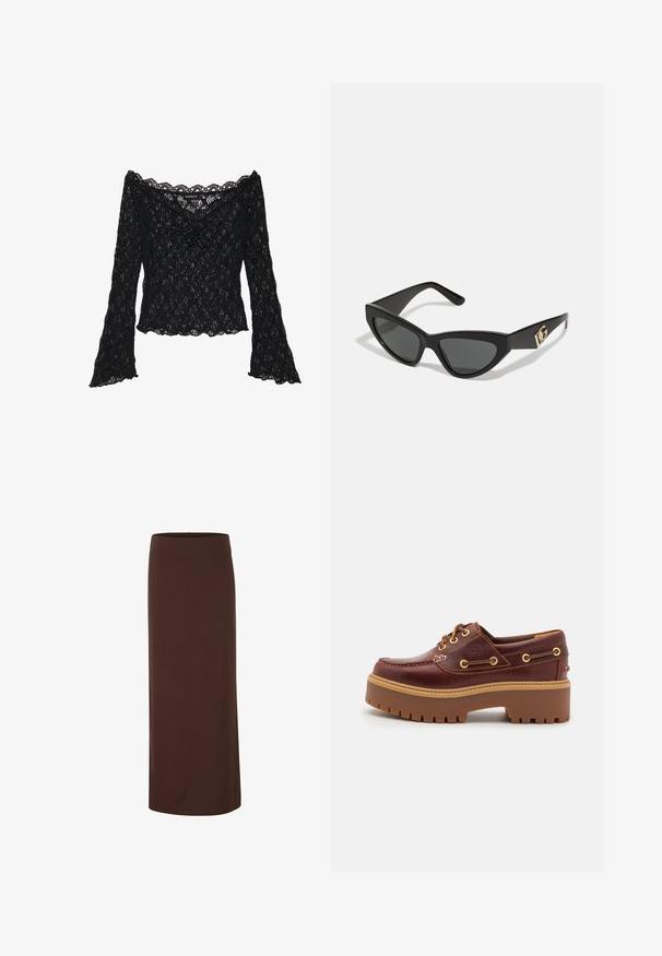 Schwarzes Spitzenoberteil mit schulterfreier Ausschnittlinie, langen Glockenärmeln und gewellten Kanten. Texturiertes florales Muster im gesamten Design.; Brauner Midirock aus glattem Stoff, mit einem taillierten Bund und gerader Silhouette, ohne sichtbare Muster oder Akzente.; Braune Lederbootsschuhe mit einer massiven braunen Gummisohle, goldenen Ösen und kontrastierenden Nähten. Mit einem Logo an der Seite.; Cat-Eye-Sonnenbrille mit mattem schwarzen Kunststoffrahmen, dunklen Gläsern und einem goldenen Logoplatz auf dem Bügel. Winkeliges Design und glatte Oberfläche.