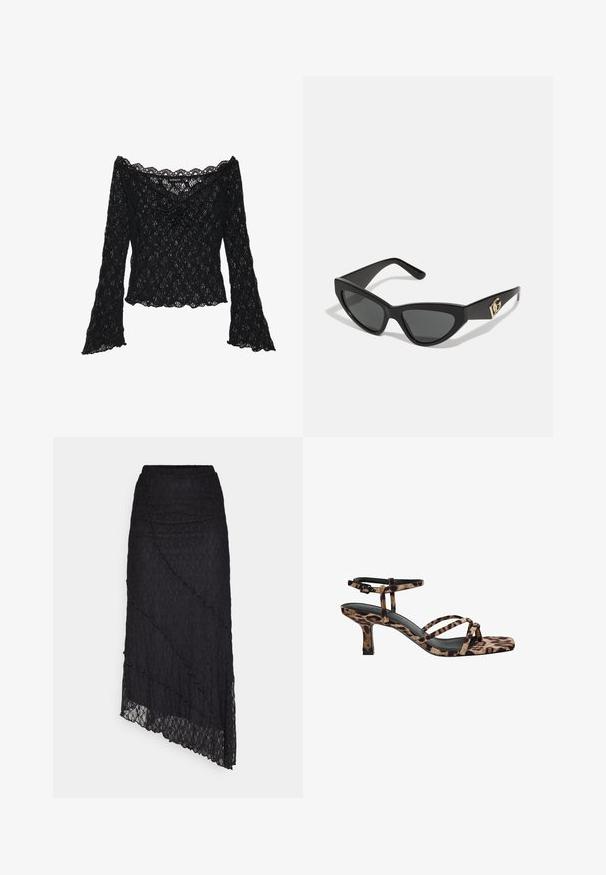 Zwarte kanten top met een off-the-shoulder halslijn, lange klokmouwen en gekartelde randen. Geweven bloemenpatroon overal.; ONLY ONLKIM LACE SKIRT - Maxirok - black; Luipaardprint hakken met een vierkante neus, meerdere bandjes en een middelhoge hak. Gemaakt van zacht textielmateriaal.; Cat-eye zonnebrillen met een matte zwart plastic frame, donkere lenzen en een gouden logo-accent op de poot. Hoekig ontwerp en een soepele textuur.