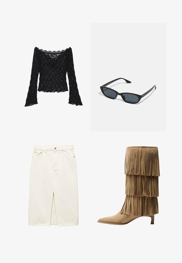 Zwarte kanten top met een off-the-shoulder halslijn, lange klokmouwen en gekartelde randen. Geweven bloemenpatroon overal.; Mango A-lijn rok - off-white; Franje enkellaars in tan suède met drie gelaagde franjes. V pointed toe en een lage blokhak. Gladde textuur overal.; Zwarte cat-eye zonnebril met donkere lenzen, kunststof frame, slanke pootjes en subtiele branding op de binnenkant van de poot. Mat afgewerkte textuur.