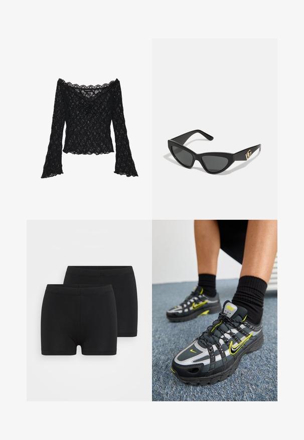 Czarna koronkowa bluzka z dekoltem hiszpańskim, długimi rękawami w kształcie dzwonu i falbaniastymi brzegami. Teksturowany kwiatowy wzór na całej powierzchni.; Dwa bawełniane topy w kolorze białym i czarnym. Każdy z nich ma głęboki dekolt i cienkie ramiączka, charakteryzujące się gładką, miękką teksturą.; Czarne bawełniane szorty z elastycznym pasem, charakteryzujące się gładką fakturą oraz prostym, eleganckim fasonem. W opakowaniu znajdują się dwie pary.; Czarne i szare buty sportowe z odblaskowymi srebrnymi akcentami, teksturowanymi panelami z siateczki oraz jasnoskalowym żółtym wykończeniem. Projekt na sznurówki z wyprofilowaną podeszwą.; Okulary przeciwsłoneczne w kształcie kocich oczu z matową czarną oprawką z plastiku, ciemnymi soczewkami oraz złotym akcentem z logo na zausznicy. Kanciasty kształt i gładka tekstura.
