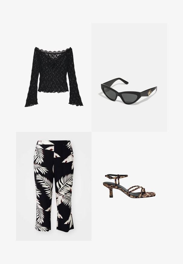 Schwarzes Spitzenoberteil mit schulterfreier Ausschnittlinie, langen Glockenärmeln und gewellten Kanten. Texturiertes florales Muster im gesamten Design.; Zwei Baumwoll-Crop-Tops in Weiß und Schwarz. Jedes hat einen tiefen Ausschnitt und dünne Träger und verfügt über eine glatte, weiche Textur.; Schwarze Hosen mit einem weißen und roten tropischen Blattmuster, mit einem ausgestellten Schnitt und einem elastischen Bund, aus einem glatten Stoff gefertigt.; Leopardenmuster Absatzsandalen mit Quadratzehen, mehreren Riemen und einem mittelhohen Absatz. Hergestellt aus weichem Textilmaterial.; Cat-Eye-Sonnenbrille mit mattem schwarzen Kunststoffrahmen, dunklen Gläsern und einem goldenen Logoplatz auf dem Bügel. Winkeliges Design und glatte Oberfläche.