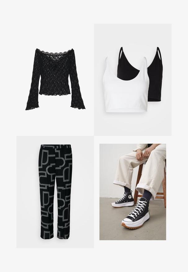 Crna čipkasta majica s otvorenim ramenima, dugim zvonastim rukavima i valovitim rubovima. Strukturalni cvjetni uzorak kroz cijelu majicu.; Dva pamukasta crop topa u bijeloj i crnoj boji. Svaki ima dubok izrez i tanke naramenice, s glatkom, mekanom teksturom.; Crne hlače s geometrijskim bijelim uzorkom, s elastičnom stražnjom trakom i širokim nogavicama. Mekani materijal s glatkom teksturom.; Visoke crne tenisice s bijelim vezicama i gumenenim vrhom. Debeli bijeli đon s teksturiranim smeškim potplatom, nošene s čarapama plave boje s prugama.