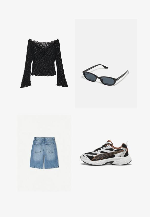 Černý krajkový top s odhalenými rameny, dlouhými zvonovými rukávy a vlnitými okraji. Texturovaný květinový vzor po celém povrchu.; Džínové šortky ve světle modré barvě s volným střihem. Mají dvě zadní kapsy a rovný střih nohavic. Hladká textura s minimálním vyblednutím.; Černobílé sportovní boty s prodyšnými bočními panely, reflexními stříbrnými akcenty a hnědými detaily. Mají texturovanou podrážku a šněrovací design.; Černé sluneční brýle typu cat-eye s tmavými skly, plastovým rámem, úzkými nohami a jemným brandingem na vnitřní straně ramene. Matte povrchová textura.
