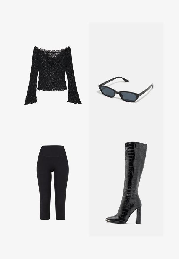 Black lace top with off-the-shoulder neckline, long bell sleeves, and scalloped edges. Textured floral pattern throughout.; Black three-quarter length leggings made of stretchy fabric, featuring a high waistband and no visible patterns or hardware.; RAID JOCELYN - Boots - black; Black cat-eye sunglasses with dark lenses, plastic frame, slim temples, and subtle branding on the inner arm. Matte finish texture.