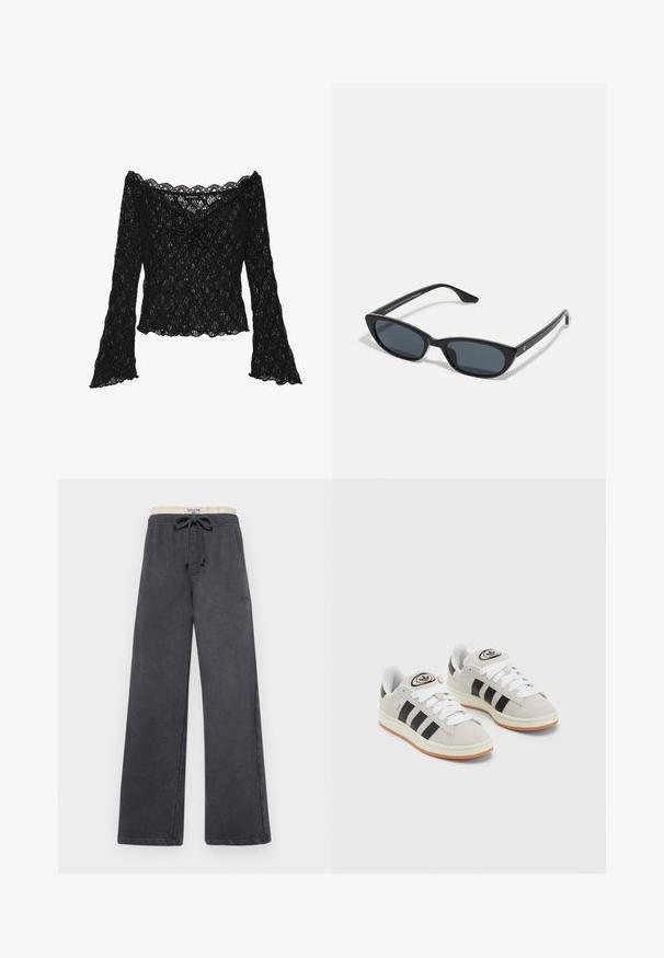 Musta pitsipaita, jossa on olkapäiltä avonainen kaula-aukko, pitkät kellohihat ja aaltoilevat reunat. Koko paidan alueella on rosoinen kukkakuosi.; Tummanharmaat leveät housut, joissa on pehmeä rakenne, joustava vyötärö, säädettävä nyöri ja huomaamaton logo lonkan lähellä.; Harmaat mokkasiinikenkä, joissa on valkoiset nauhat, mustat raidat ja valkoinen kumipohja. Kantajassa on pyöreä logo ja vaaleanruskea pohja.; Musta kissakatse aurinkolasit tummilla linsseillä, muovikehys, kapeat temppelit ja hienovarainen brändäys sisäisessä varressa. Mattapintainen rakenne.