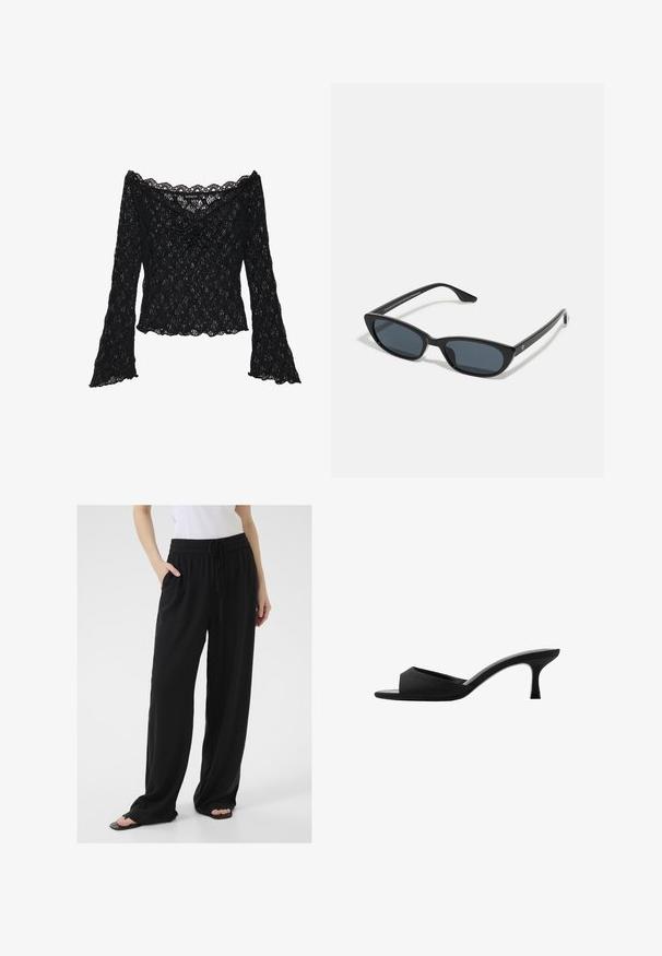 Czarna koronkowa bluzka z dekoltem hiszpańskim, długimi rękawami w kształcie dzwonu i falbaniastymi brzegami. Teksturowany kwiatowy wzór na całej powierzchni.; Czarne, luźne spodnie wykonane z miękkiego materiału, z elastycznym paskiem w talii, regulowanym sznurkiem i bocznymi kieszeniami. Flarowane nogawki.; Czarne klapki na wysokim obcasie z szerokim, otwartym noskiem i zakrzywioną cholewką. Wykonane z teksturowanej tkaniny, z wąskim obcasem i gładką podeszwą.; Czarne okulary w kształcie kociego oka z ciemnymi soczewkami, plastikową ramką, smukłymi zausznikami i subtelnym logo na wewnętrznej stronie zausznika. Matowa tekstura.; Czarna skórzana torba o gładkiej fakturze, prostokątnym kształcie i dwóch długich uchwytach. Prosty design bez widocznych elementów metalowych czy ozdób.