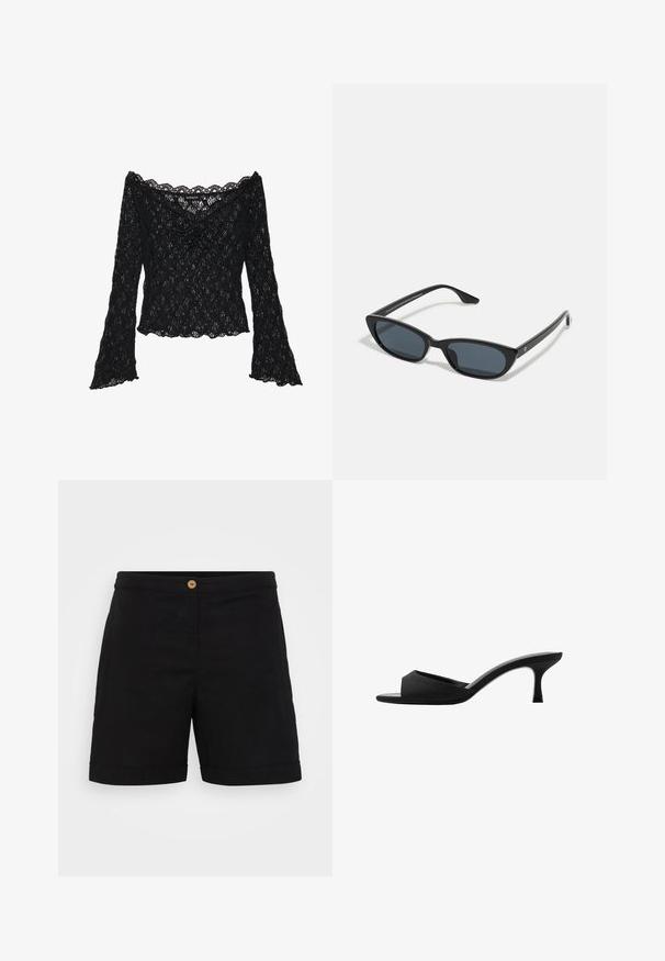 Čierny čipkovaný top s odhalenými ramenami, dlhými zvonovými rukávmi a vlnitými okrajmi. Textúrovaný kvetinový vzor po celej ploche.; Čierne ľanové šortky s elegantným dizajnom, ktoré majú jeden drevený gombík v páse a ohnutý lem. Hladký povrch so bočnými vreckami.; Čierne podpätkové mule s širokým, otvoreným prstom a zakriveným zvrškom. Vyrobené z textilného materiálu, s úzkym podpätkom a hladkou podrážkou.; Čierne mačacie slnečné okuliare s tmavými sklami, plastovým rámom, štíhlymi spolkami a jemným brandingom na vnútornej strane ramena. Matná povrchová úprava.