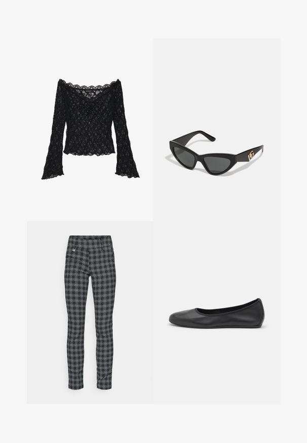 Černý krajkový top s odhalenými rameny, dlouhými zvonovými rukávy a vlnitými okraji. Texturovaný květinový vzor po celém povrchu.; Daily Sports BARRIE MAGIC PANTS - Punčochy - black; Černé kožené baletní byty s kulatou špičkou, hladkou texturou, minimálními švy a flexibilním designem podrážky.; Sunglasses ve tvaru kočičích očí s matným černým plastovým rámem, tmavými skly a zlatým logem na stranu. Úhlový design a hladká textura.