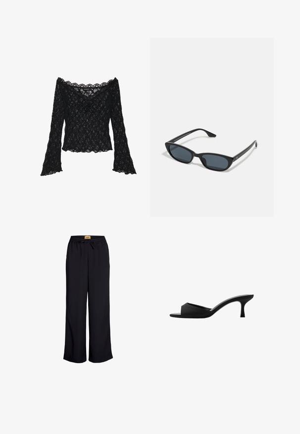 Zwarte kanten top met een off-the-shoulder halslijn, lange klokmouwen en gekartelde randen. Geweven bloemenpatroon overal.; Zwarte wijde broek met een elastische tailleband en koord. Gemaakt van een gladde stof zonder zichtbare patronen of accenten.; Zwarte hakken mules met een brede, open teen en een gebogen bovenkant. Gemaakt van textuurstof, met een slanke hak en een gladde zool.; Zwarte cat-eye zonnebril met donkere lenzen, kunststof frame, slanke pootjes en subtiele branding op de binnenkant van de poot. Mat afgewerkte textuur.