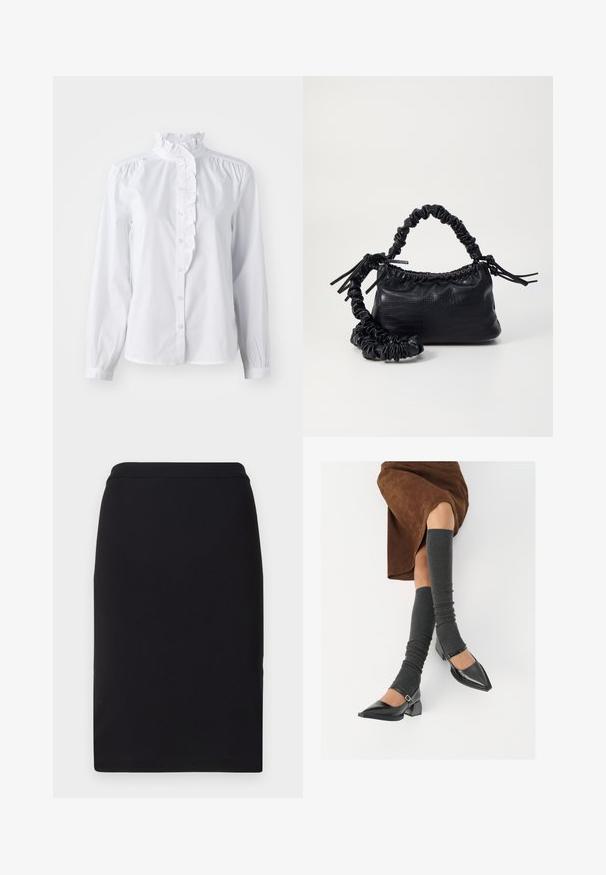 Hvit skjorte med lange ermer, volanghøy krage og vertikal volangdetalj foran. Lett bomullsstoff.; Svart blyantskjørt laget av elastisk stoff, med en glatt tekstur og et slankt, rett design med en tettsittende midje.; Sorte lakkpumps med spiss tå, blokkhel, og ankelstropp, kombinert med grå ribbestrikkede beinvarmere og et brunt semsket skinn skjørt.; Svart faux skinn-håndveske med krokodilletekstur, strammet topp og en rynket stropp. Ser myk og kompakt ut i designen.