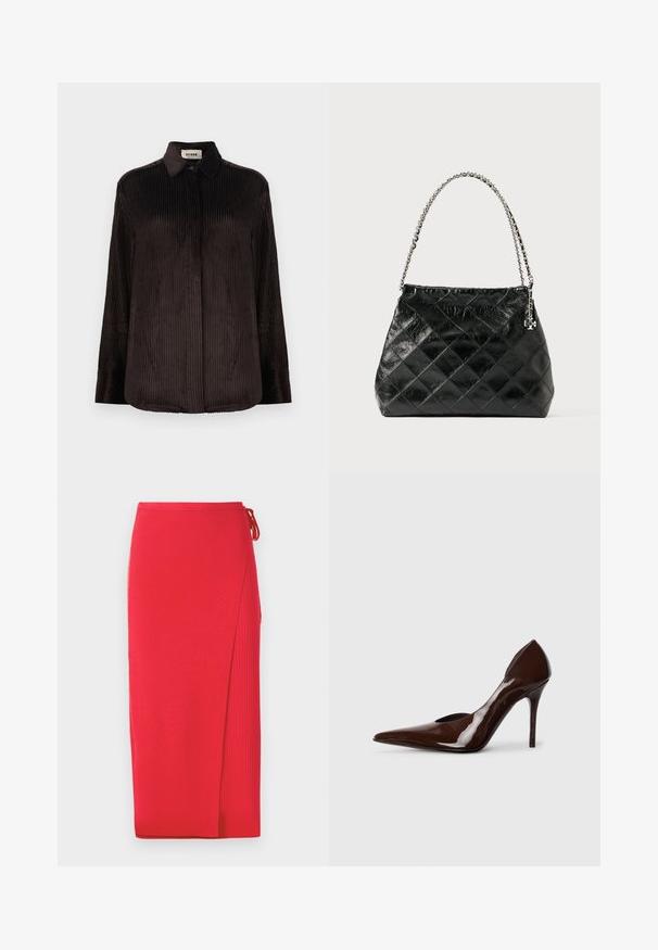 Cămașă din catifea închisă la culoare, cu mânecă lungă, guler, manșete cu nasturi și nasturi ascunși pe față, expusă pe un fundal alb.; Fustă midi tricotată, cu nervuri roșii, cu o fundă pe margine și o fante laterală. Textură netedă, cu o siluetă ajustată.; Pantofii cu toc înalt din piele lacuită maro, cu vârf ascuțit și marginile decupate, având un toc subțire și un finisaj neted.; Geantă de mână din piele neagră matlasată, cu mâner din lănțișor argintiu, cu un design structurat și textură netedă.