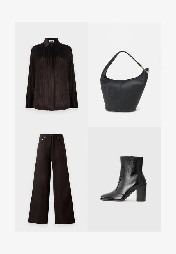 Temno rjava kordna srajca z dolgimi rokavi, ovratnikom, gumbi na manšetah in skritimi gumbi spredaj, prikazana na beli podlagi.; Črne široke hlače iz lahko tkanine. Imajo elastičen pas z vrvico, sprednje žepke in subtilno teksturo.; Črne usnjene gležnarske čevlje z gladko teksturo, koničastim nosom in debelim visokim petam. Imajo stransko odprtino in minimalističen dizajn.; Črna usnjena torbica ovalne oblike, s širokim pasom in teksturirano površino. Ima subtilno šivano podrobnost in zlate dodatke.