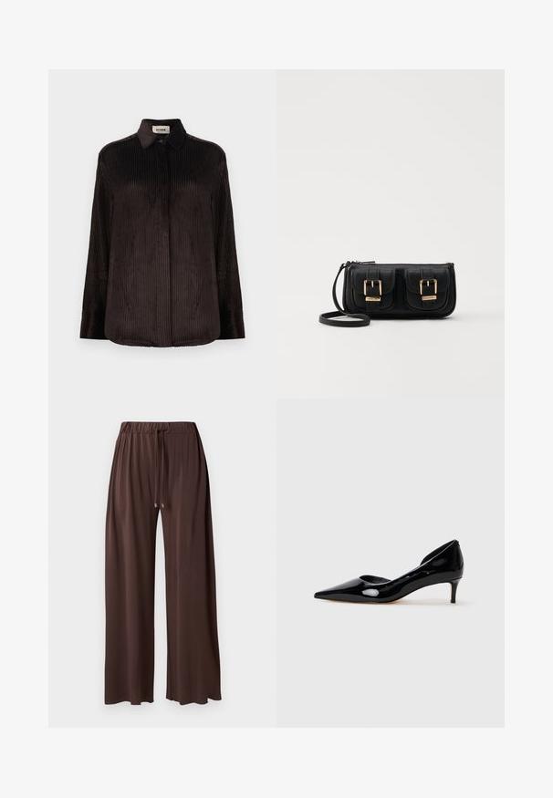 Mörkbrun kordskjorta med lång ärm, krage, knäppte manschetter och dolda frambutonger, visad på vit bakgrund.; Bruna vida byxor med elastisk midja, justerbar dragsko och slät textur. Har silverfärgade aglets på dragskon.; Svarta lackläder damskor med spetsig tå och låg klack, visade i profil mot en enkel ljusgrå bakgrund.; Svart läderaxelväska med två framfickor, guldspännen, dragkedjestängning och en smal rem. Texturerad yta och kompakt rektangulär form.