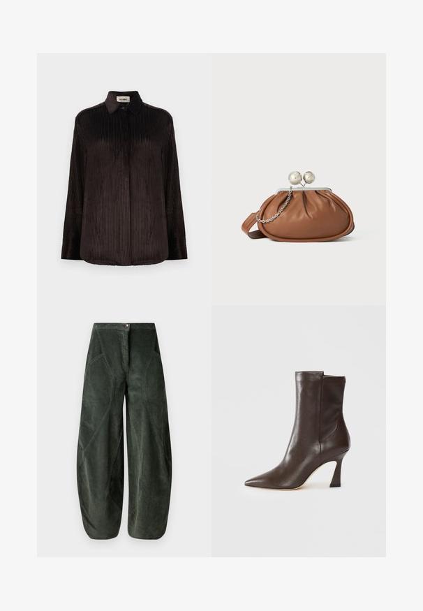 Camisa de manga longa de corduroy castanho escuro, com colarinho, punhos com botão e botões frontais ocultos, exibida sobre um fundo branco.; Calças de perna larga em tecido de veludo cotelê verde escuro, com fecho de botão e bolsos laterais angulados com um padrão texturizado e estriado.; Bota de couro castanho escuro até a panturrilha com bico pontudo, salto curvado e fino, e acabamento suave sobre um fundo branco.; Pasta de mão em couro castanho com fecho em bola prateada e um pequeno detalhe em corrente prateada sobre um fundo branco.