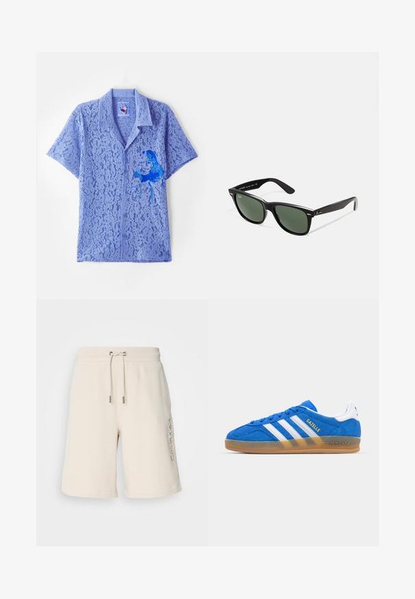 Kidsuper GIRL PAINTING - Skjorte - blue; Beige, bomullsblandede shorts med snor i midjen, sidelommer og brodert "Calvin Klein"-logo på venstre bein.; Blå semskede sneakers med hvite striper og "Gazelle" tekst. Har gummisul med teksturerte detaljer på overdelen. Klassisk design.; Sorte plast-solbriller med grønne linser, firkantede rammer, sølvdetalje på brynene, og teksturerte stangarmen. Angitt merke på indre arm.