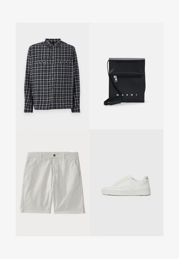 Geruit overhemd in donker marineblauw met witte lijnen. Bevat twee borstzakken en bruine knopen. Gemaakt van een gestructureerde katoenen stof.; Witte katoenen shorts met een knoopsluiting, riemlussen en zijzakken. De stof lijkt glad met een klassieke, op maat gemaakte uitstraling.; Witte leren sneaker met een gladde afwerking, ronde neus, platte veters en een gestructureerde zool. Kenmerkt zich door een subtiel logo op de hiel.; Zwarte leren schoudertas met een ritsvak aan de voorkant, reliëflogo en verstelbare schouderband. Soepele textuur met een gestructureerde vorm.