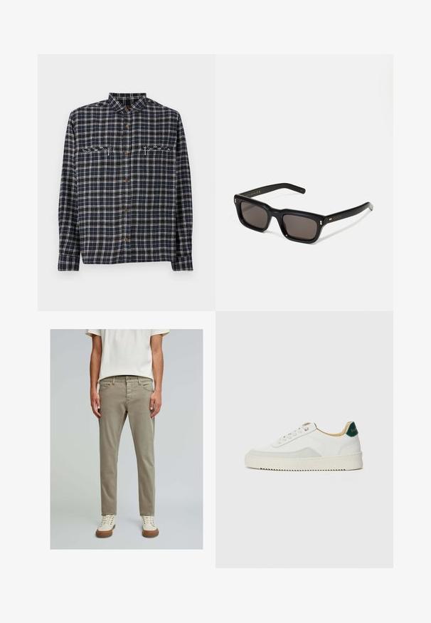 Ternede knap-up skjorte i mørk navy med hvide striber. Har to brystlommer og brune knapper. Lavet af et struktureret bomuldsstof.; Lyse khaki bomuldsbukser med slim fit, fem lommer og en glat tekstur. Kombineret med cremede sneakers med brune gummisåler.; Hvide sneakers med ruskindsdetaljer, rund tå, flade snørebånd og en cremet gummisål. Har grøn branding på hælen.; Sorte rektangulære solbriller med mørke glas, tyk plastisk ramme, guldtryk på stængerne og brandlogo indgraveret på armen.
