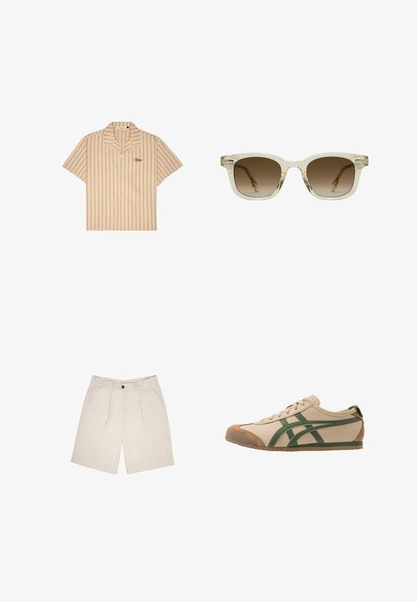 Chemise à manches courtes à boutons beige avec des rayures verticales orange. Présente un col à revers et un logo brodé sur la poitrine gauche.; Shorts beiges en tissu doux, avec un devant plat et deux plis, des passants de ceinture et des poches latérales. Fermeture à un bouton à la taille.; Baskets en cuir beige avec des accents verts, présentant un bout rond, une semelle plate et des détails en suède sur le capuchon et le talon.; CHIMI CHIMI 02 - Lunettes de soleil - pale yellow