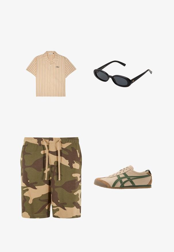Camicia a maniche corte con bottoni di colore beige con strisce verticali arancioni. Presenta un colletto a punte e un logo ricamato sul lato sinistro del petto.; Pantaloni corti in camouflage realizzati in misto cotone con motivi verdi, marroni e sabbia. Presentano una vita elastica con cordoncino. Vestibilità casual e design lungo fino al ginocchio.; Sneaker in pelle beige con dettagli in verde, presenta una punta arrotondata, suola piatta e particolari in camoscio sulla punta e sul tallone.; Occhiali da sole neri oversize con lenti ovali, montatura in plastica liscia e accenti dorati sulle tempie. Le lenti scure offrono protezione dal sole.