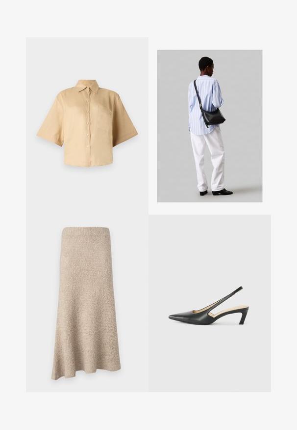 Beige košile s krátkým rukávem, klasickým límcem, předním zapínáním na knoflíky a kapsou na levé straně hrudi. Hladká látka bez viditelných vzorů nebo textur.; Sukně ke kolenům, ve tvaru A, z měkkého béžového materiálu s texturovaným povrchem a bez viditelných zapínání nebo vzorů.; Černý špičatý slingback s nízkým podpatkem, vyrobený z hladké kůže, s výřezem na boku pro lepší prodyšnost.; Černá kožená kabelka přes rameno s jemnou texturou, trojúhelníkovým tvarem a nastavitelným popruhem, v kombinaci se světle modrou pruhovanou košilí a bílými kalhotami.