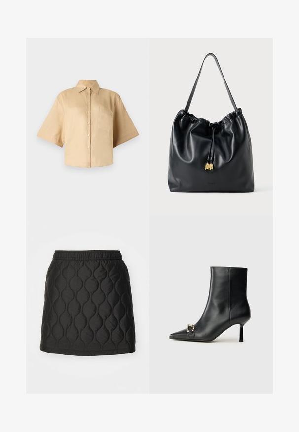 Cămașă bej cu mânecă scurtă, cu guler clasic, închidere prin butoane în față și buzunar pe partea stângă a pieptului. Material neted, fără modele sau texturi vizibile.; Fustă neagră matlasată, cu un model în valuri, talie elastică și o textură netedă, lucioasă. Lungime până la mijlocul coapsei, fără accesorii vizibile.; Botine negre din piele, cu vârf ascuțit, toc subțire de înălțime medie și detaliu cu cataramă argintie pe lateral, pe un fundal simplu.; Rucsac din piele neagră cu un textură netedă, cu un vârf strâns și accente subtile din aur. Dispune de o singură curea rezistentă și un logo embosat.