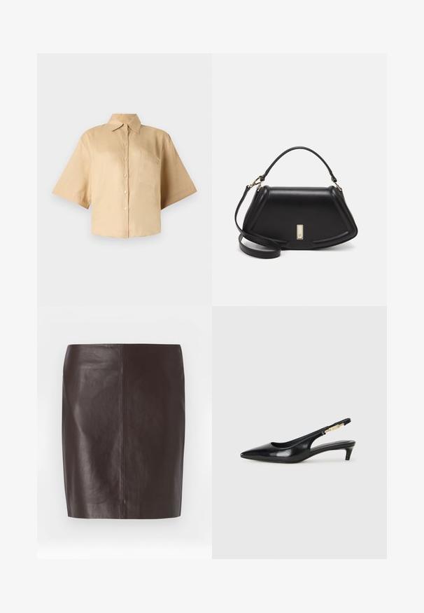 Chemise beige à manches courtes avec un col classique, fermeture par boutons sur le devant et poche sur la poitrine gauche. Tissu lisse sans motifs ni textures visibles.; Jupe en cuir brun avec une coupe droite, texture lisse et couture minimale. Présente un design mi-long sans embellissements.; Talons hauts en cuir noir avec un bout pointu, dotés d'un talon fin et d'un accent en ton or sur la lanière réglable. Texture lisse.; Sac à main en cuir noir avec un design structuré, featuring une forme cropped, une poignée supérieure et des accents en matériel doré. Bandoulière réglable incluse.