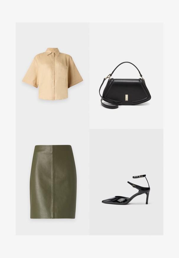 Chemise beige à manches courtes avec un col classique, fermeture par boutons sur le devant et poche sur la poitrine gauche. Tissu lisse sans motifs ni textures visibles.; Mini-jupe en cuir vert olive avec une texture lisse, présentant un design simple et une couture centrale au dos.; Talons en cuir verni noir avec un bout pointu, des sangles de cheville ajustables et un talon fin. Texture lisse avec une finition brillante.; Sac à main en cuir noir avec un design structuré, featuring une forme cropped, une poignée supérieure et des accents en matériel doré. Bandoulière réglable incluse.