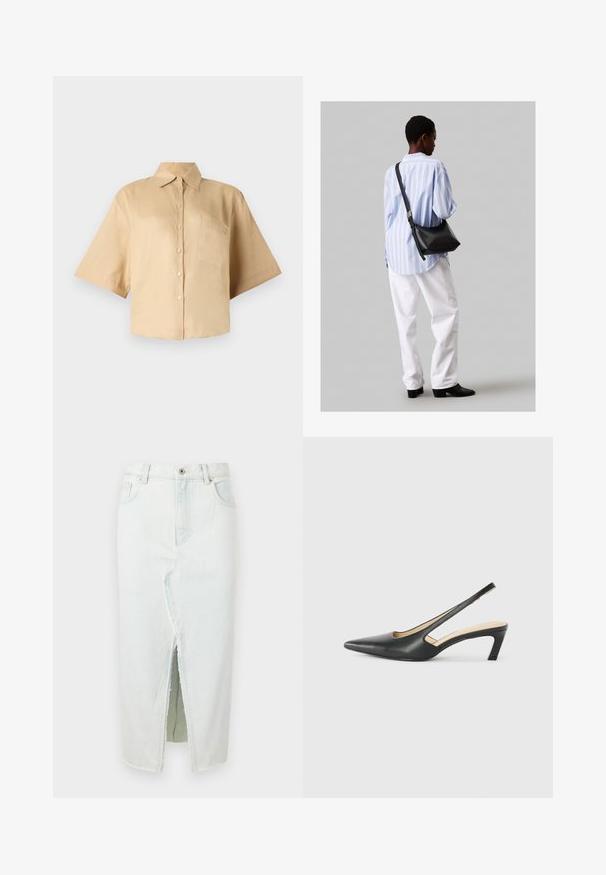Rövid ujjú, bézs ing klasszikus gallérral, elöl gombos záródással és bal oldali zsebből. Simaszerkezetű anyag, látható minták vagy textúrák nélkül.; Világoskék farmer szoknya, elülső hasítékkal, nyers szegéllyel, két elülső zsebbel és gombos záródással. Egyenes fazonú, bokáig érő kialakítás.; Fekete, hegyes orrú, slingback cipő alacsony sarkával, sima bőrből készült, oldalt kivágott deisgnal a légáteresztőképesség érdekében.; Fekete bőr válltáska puha tapintással, háromszög alakú, állítható pánttal, világoskék csíkos inggel és fehér nadrággal párosítva.