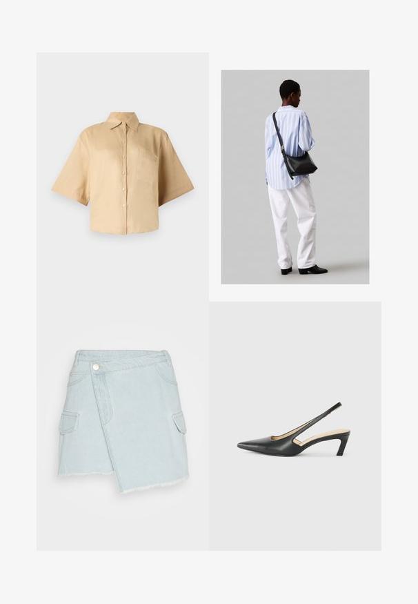 Košeľa s krátkym rukávom béžovej farby, s klasickým golierom, predným gombíkovým zapínaním a vreckom na prsiach na ľavej strane. Hladká tkanina bez viditeľných vzorov alebo textúr.; Svetlomodrá denim sukňa s obopínaním a roztraseným okrajom, so zapínaním na predných gombíkoch a dvoma bočnými vreckami. Má uvoľnený strih a hladkú štruktúru.; Čierne slingback topánky s ostrou špičkou a nízkym opätkom, vyrobené z hladkej kože a s výrezmi na boku pre lepšiu priedušnosť.; Čierna kožená ramenná taška so mäkkou textúrou, trojuholníkovým tvarom a nastaviteľným popruhom, skombinovaná s svetlomodrou pruhovanou košeľou a bielymi nohavicami.