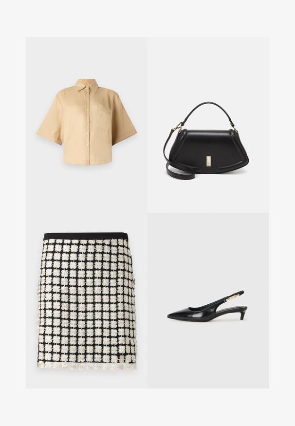 Short-sleeve, beige shirt with a classic collar, front button closure, and left chest pocket. Smooth fabric with no visible patterns or textures.; Black skirt with a structured design featuring white floral embroidered patterns. Accents include fringe details along the hem and a fitted waistband.; Black leather slingback heels with a pointed toe, featuring a slim heel and a gold-tone accent on the adjustable strap. Smooth texture.; Black leather handbag with a structured design, featuring a cropped shape, top handle, and gold hardware accent. Adjustable shoulder strap included.
