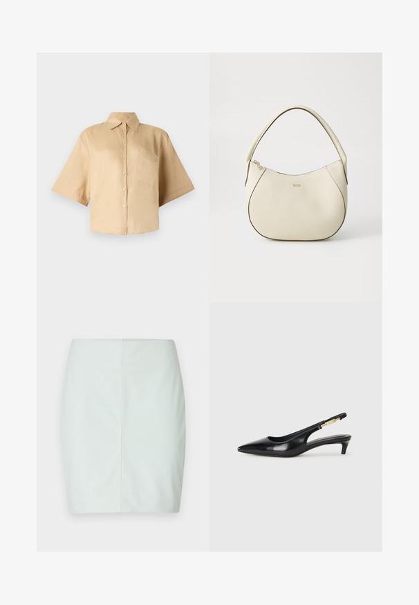 Rövid ujjú, bézs ing klasszikus gallérral, elöl gombos záródással és bal oldali zsebből. Simaszerkezetű anyag, látható minták vagy textúrák nélkül.; Fényes zöld, sima anyagból készült, testhezálló mini szoknya, amely egyenes vonalakkal rendelkezik, látható hardver vagy díszítés nélkül.; Fekete bőr slingback magassarkúk, hegyes orral, vékony sarkakkal és arany színű részlettel a állítható pánton. Simа felület.; Krém színű kézi táska texturált felülettel, ívelt formával, rövid fogantyúval és arany színű logó részlettel. Cipzáros záródás a tetején.