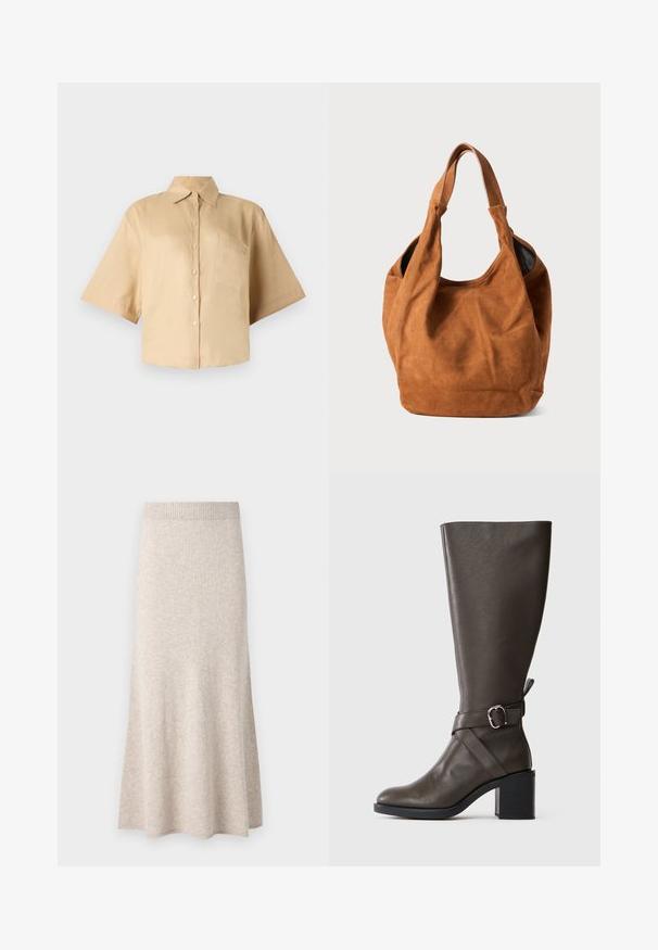 Camisa de manga curta, bege, com colarinho clássico, fecho frontal com botões e bolso no lado esquerdo do peito. Tecido suave sem padrões ou texturas visíveis.; Saia de malha bege clara com cintura canelada, forma em A alargada e textura suave, apresentando variações subtis no tecido.; Bota de couro castanho escuro até ao joelho, com um salto bloco médio e uma fivela prateada decorativa ao redor do tornozelo.; Bolsa de ombro em camurça castanha com uma textura suave, forma curva e duas alças. Apresenta um design minimalista, sem hardware ou detalhes visíveis.