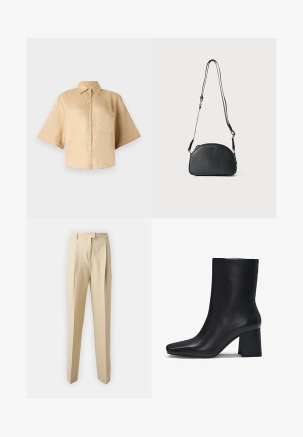 Cămașă bej cu mânecă scurtă, cu guler clasic, închidere prin butoane în față și buzunar pe partea stângă a pieptului. Material neted, fără modele sau texturi vizibile.; Pantaloni bej, croiți pe corp, cu tăietură dreaptă, având pliuri, un brâu și o textură netedă. Fără buzunare vizibile sau embellishments.; HUGO ARIEL NAPU - Botine clasice - black; Geantă din piele neagră tip crossbody, cu o formă rotundă, două bretele ajustabile și un logo discret pe față. Exterior texturat, design minimalist.