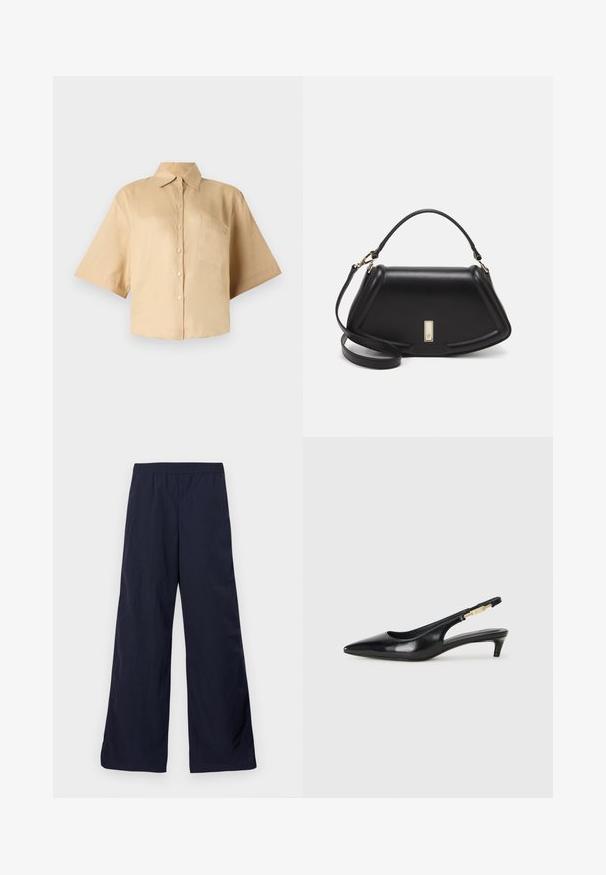 Trumpas rankovėmis, kreminės spalvos marškiniai su klasikinio tipo apykakle, priekyje užsegami mygtukais ir su kairėje krūtinės pusėje esančia kišenėle. Lygus audinys be matomų raštų ar tekstūrų.; Platūs kelnės tamsiai mėlynos spalvos, pagamintos iš lengvos medžiagos su lygiu paviršiumi ir elastinga juosta patogumui.; Juodas odinis pavasario batelių modelis su smailiu nosiu, turintis siaurą kulniuką ir auksinės spalvos akcentu reguliuojamoje juostoje. Lygi tekstūra.; Juoda odinė rankinė su struktūrizuotu dizainu, turi trumpą formą, viršutinę rankeną ir auksinius akcentus. Pridėtas reguliuojamas peties diržas.