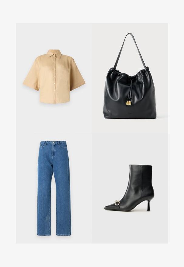 Kratki rukavi, bež srajca s klasičnim ovratnikom, sprednja gumbna zapirala in žep na levem prsnem delu. Gladek material brez vidnih vzorcev ali tekstur.; Svijetloplave traper hlače s visokim strukom, širokim nogavicama i klasičnim dizajnom s pet džepova. Tkanina ima suptilnu teksturu.; Črne usnjene gležnjarje s koničastim nosom, ozkim srednjem petam in srebrno zaponko na strani na enobarvni podlagi.; Črna usnjena torba s vrvico z gladko teksturo, nabranim vrhom in subtilno zlatasko strojno opremo. Ima eno robustno naramnico in vtisnjen logotip.