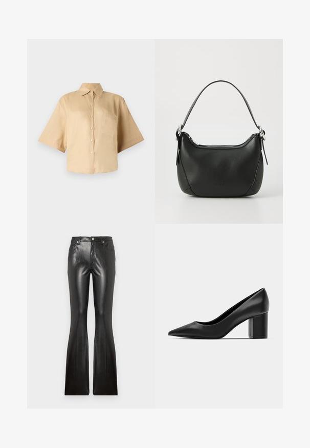 Cămașă bej cu mânecă scurtă, cu guler clasic, închidere prin butoane în față și buzunar pe partea stângă a pieptului. Material neted, fără modele sau texturi vizibile.; Pantaloni din piele neagră, cu croi evazat, având o textură netedă, cinci buzunare, închidere frontală cu nasture și o siluetă ajustată pe coapse.; Cizmă din piele neagră, cu vârf ascuțit și toc pătrat masiv. Textură netedă, design simplu, potrivit pentru setări formale.; Geantă de mână din piele neagră cu o formă curbată, fermoar argintiu și o mânere scurtă. Previne un logo subtil pe față și o textură netedă.
