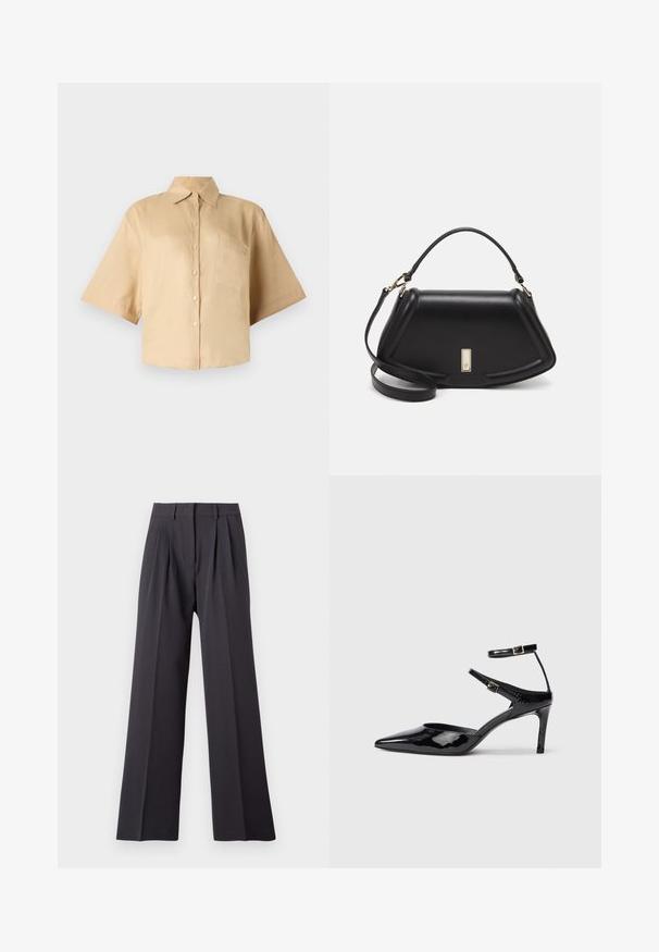 Kratki rukavi, bež srajca s klasičnim ovratnikom, sprednja gumbna zapirala in žep na levem prsnem delu. Gladek material brez vidnih vzorcev ali tekstur.; Hlače širokih nogavic iz temno sive tkanine. Imajo naborke na pasu, prilegajoč pas in gladko teksturo. Brez vidnih vzorcev ali kovinskih dodatkov.; Črne lakirane čevlje z visoko peto in ožjim prstom, z nastavljivimi gležnjastimi trakovi in tankim peto. Gladka tekstura z sijočim zaključkom.; Črna usnjena torbica s strukturnim dizajnom, ki ima skrajšano obliko, zgornji ročaj in zlate dodatke. Vključena je nastavljiva ramenska naramnica.
