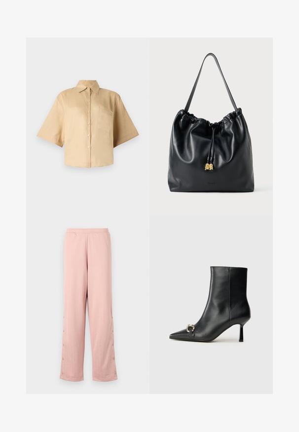 Camisa de manga curta, bege, com colarinho clássico, fecho frontal com botões e bolso no lado esquerdo do peito. Tecido suave sem padrões ou texturas visíveis.; Calças de perna larga em rosa claro, feitas de um tecido suave, apresentando um padrão em relevo subtil e botões decorativos ao longo da costura lateral.; Bota preta de couro até ao tornozelo com bico apontado, salto slim de altura média e detalhe em fivela prateada de lado, contra um fundo simples.; Mala de cordão em couro preto com uma textura suave, topo franzido e discretos acessórios em dourado. Apresenta uma única alça resistente e um logótipo embossado.