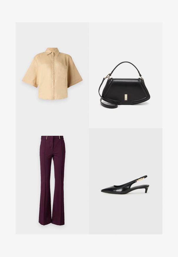 Short-sleeve, beige shirt with a classic collar, front button closure, and left chest pocket. Smooth fabric with no visible patterns or textures.; Flared pants in deep burgundy fabric with a smooth texture. Features a mid-rise waist and double gold-toned hardware at the front.; Black leather slingback heels with a pointed toe, featuring a slim heel and a gold-tone accent on the adjustable strap. Smooth texture.; Black leather handbag with a structured design, featuring a cropped shape, top handle, and gold hardware accent. Adjustable shoulder strap included.