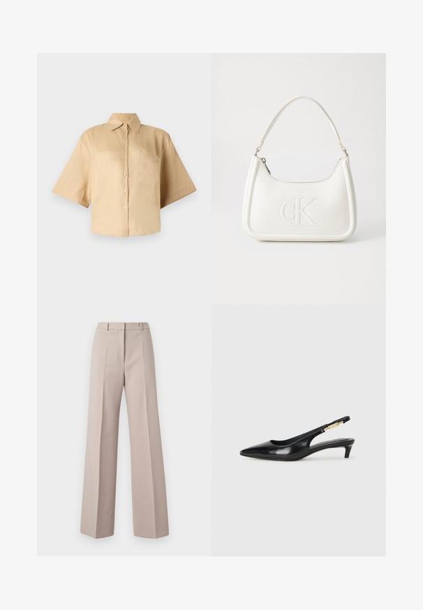Īsām piedurknēm, bēša krekls ar klasisku apkakli, priekšējo pogu aizdari un kreisajā krūtī kabatu. Gluda auduma bez redzamām rakstu vai tekstūru izmaiņām.; Beige platmalu bikses, izgatavotas no gludas auduma, ar augstu jostu, priekšējām krokām un pielāgotu siluetu.; Melnas ādas slingback zābaki ar smailu purngalu, ar šauru papēdi un zelta krāsas akcentu uz regulējama siksniņas. Gluda tekstūra.; Balta ādas rokassoma ar noapaļotu formu, uz kuras priekšpuses ir izgriezts "CK" logo un viena plecu siksna. Augšā aizverama ar rāvējslēdzēju.