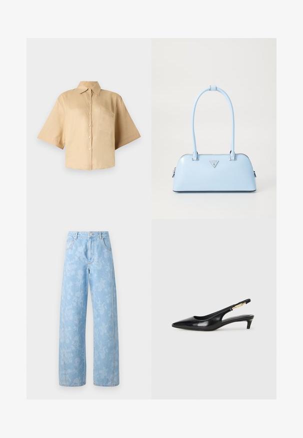 Beige košile s krátkým rukávem, klasickým límcem, předním zapínáním na knoflíky a kapsou na levé straně hrudi. Hladká látka bez viditelných vzorů nebo textur.; Mads Nørgaard ART CHRISTEL - Džíny Relaxed Fit - light denim; Černé kožené boty na podpatku s otevřenou patou a špičatou špičkou, s tenkým podpatkem a zlatým akcentem na nastavitelném pásku. Hladký povrch.; Světle modrá kabelka se strukturovaným tvarem, hladkou koženou texturou, dvěma uchy a trojúhelníkovým logem značky na přední straně. Uzavření na zip.