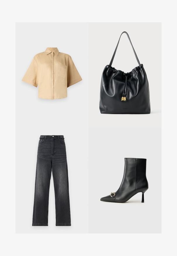 Short-sleeve, beige shirt with a classic collar, front button closure, and left chest pocket. Smooth fabric with no visible patterns or textures.; Black denim wide-leg jeans with a high waist, featuring a button closure, five pockets, and subtle fading along the legs.; Black leather ankle boot with pointed toe, slim mid-height heel, and silver buckle detail on side against plain background.; Black leather drawstring bag with a smooth texture, gathered top, and subtle gold hardware. Features a single sturdy strap and embossed logo.